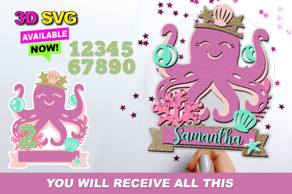 Cute Octopus Birthday Cake Topper: 3D SVG Shapes