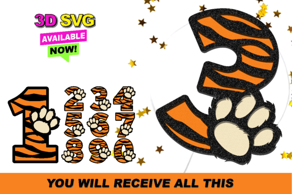 Cute Tiger Numbers 3D SVG for Laser Cutting & Birthday Projects