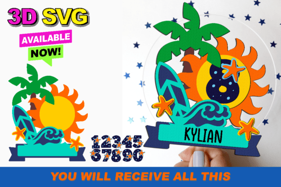 Surf Cake Topper 3D SVG: Laser Cutting for Modern Cake Toppers